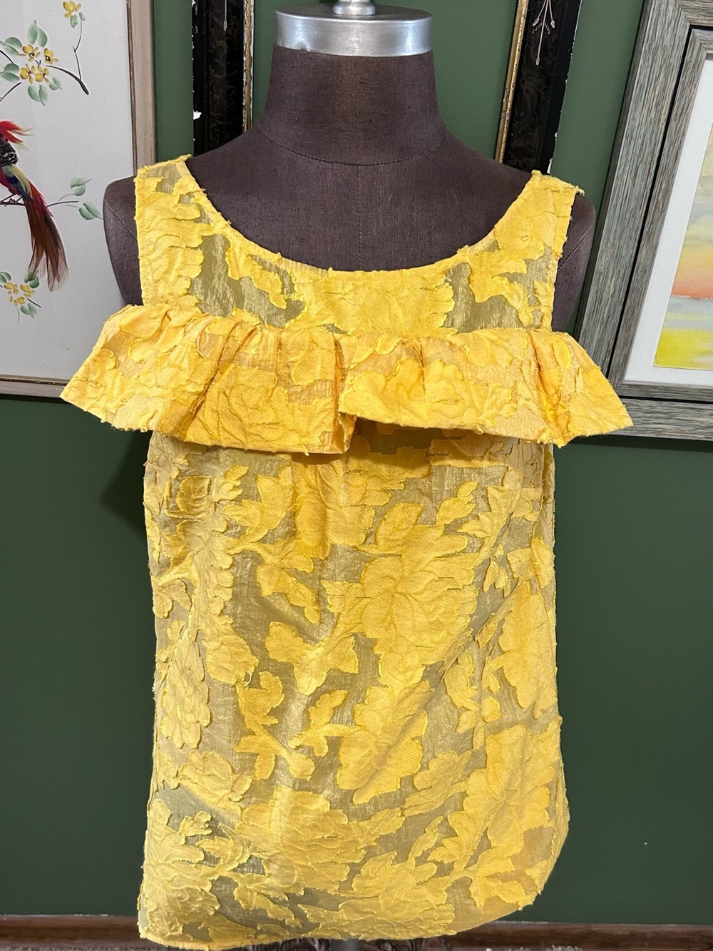 Yellow Whitney Tracy Reese Lace Ruffled Tank Top READ